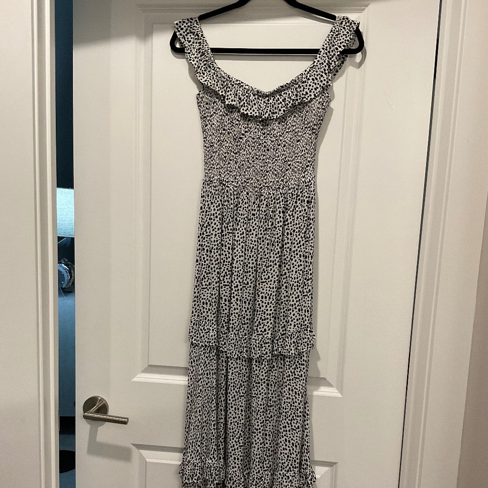 Express - black and white cheetah print maxi dress, off the shoulder straps